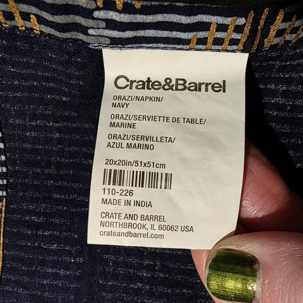 Crate & Barrel 4pc Orazi Navy Cotton Napkin Set Geometric‎ Print Dinner Table